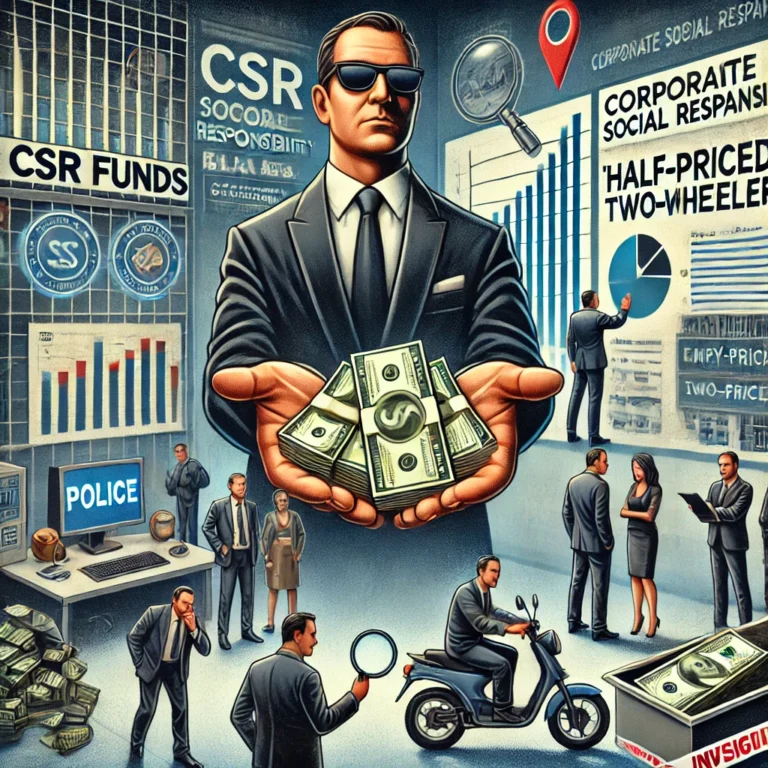 DALL·E 2025-02-03 11.00.39 - A detailed graphic representing a corporate social responsibility (CSR) scam. The image includes elements such as a business executive in a dark suit