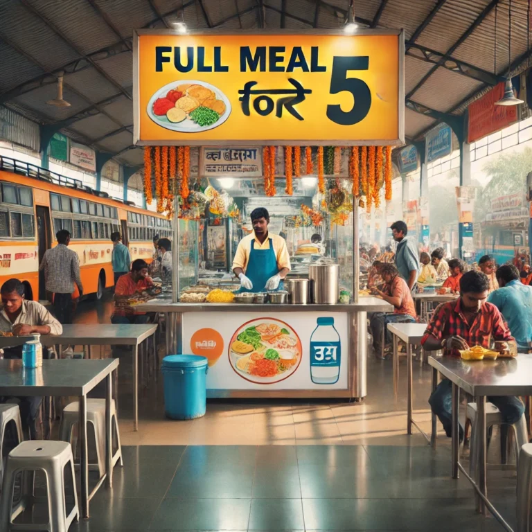 DALL·E 2025-02-04 13.18.04 - A vibrant and clean food canteen at a busy bus stand, featuring a large sign displaying 'Full Meal for ₹5'. The canteen has neatly arranged tables and