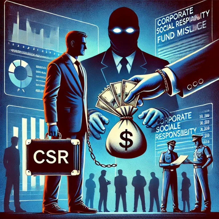 DALL·E 2025-02-05 10.58.14 - A conceptual illustration depicting Corporate Social Responsibility (CSR) fund misuse and fraud in India. The image features a businessman in a dark s