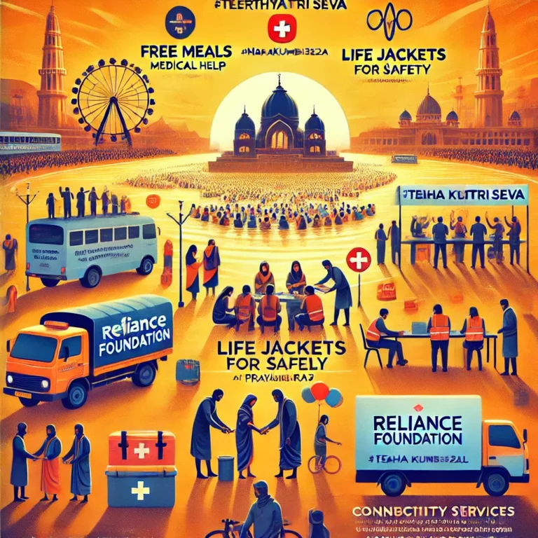 DALL·E 2025-02-06 11.47.08 - A vibrant and informative graphic for Reliance Foundation’s ‘Teerth Yatri Seva’ at Maha Kumbh 2025. The background features a scenic view of the Maha