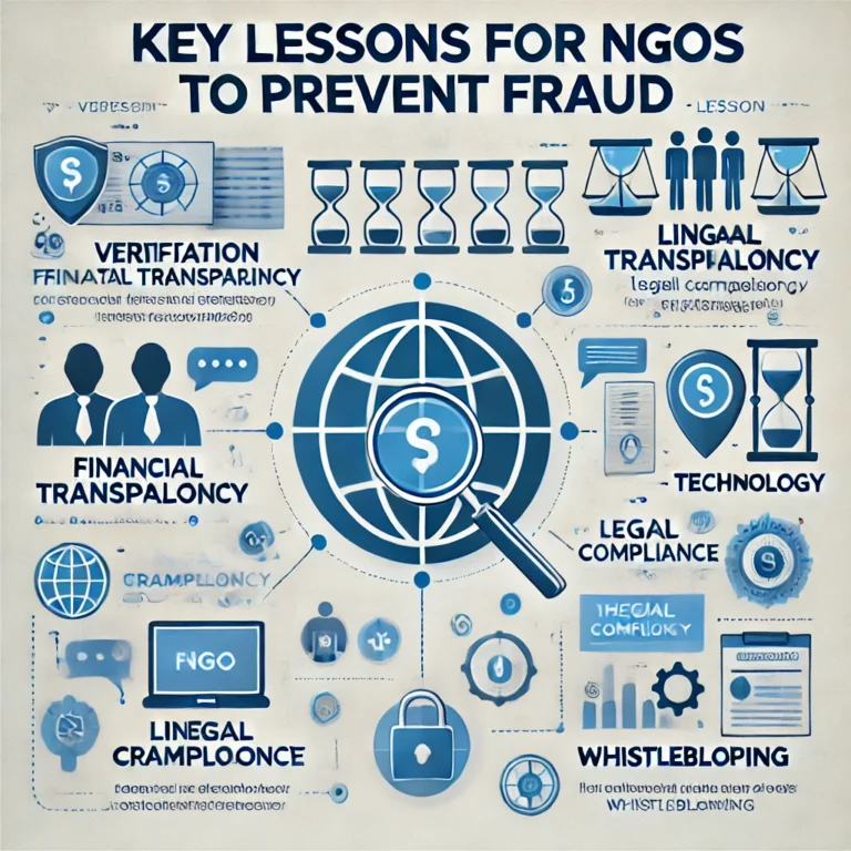 DALL·E 2025-02-11 10.01.11 - An informative infographic on 'Key Lessons for NGOs to Prevent Fraud'. The design should be professional, using blue and white tones, with clean icons