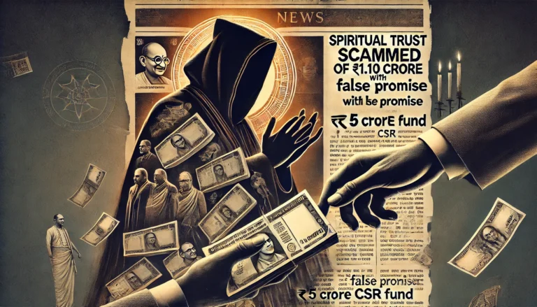 DALL·E 2025-02-13 11.05.42 - A powerful news graphic illustrating a financial scam involving a spiritual trust. The design should feature dramatic visuals of money being deceitful