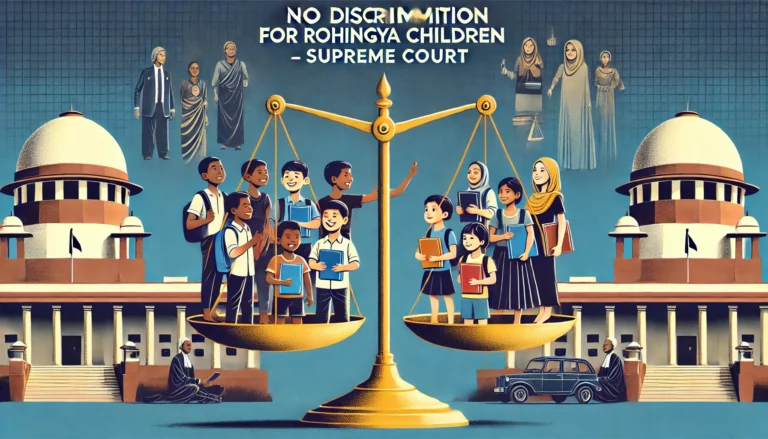 DALL·E 2025-02-13 11.17.16 - A powerful news graphic illustrating the Supreme Court's stance on non-discrimination in education for Rohingya children. The design features a balanc