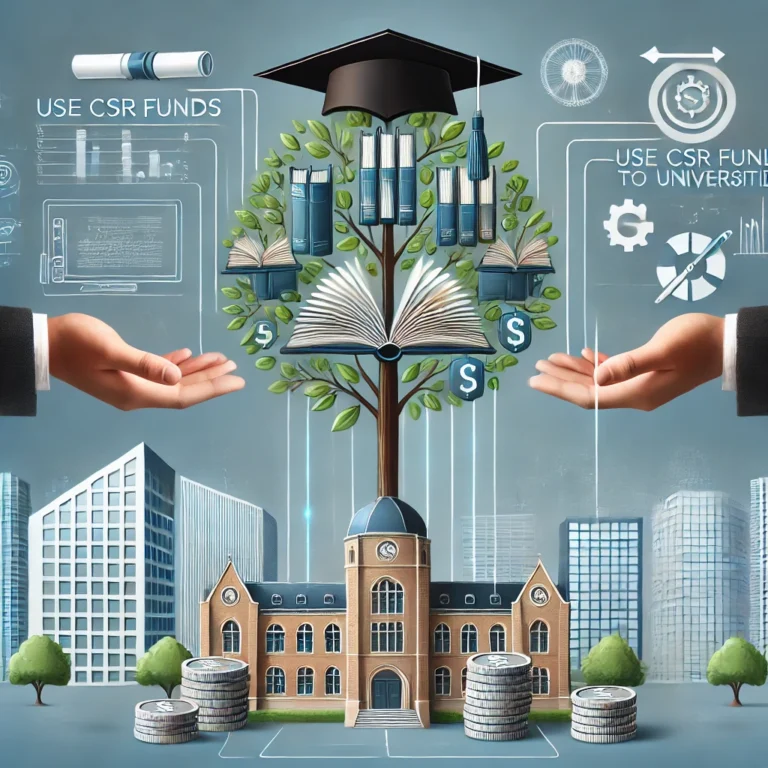 DALL·E 2025-02-22 09.42.32 - A professional infographic with the title 'Use CSR Funds to Sustain Universities.' The design features a large tree with books as leaves, growing from