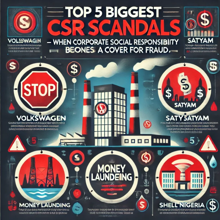 DALL·E 2025-02-22 15.33.27 - A professional infographic titled 'Top 5 Biggest CSR Scandals – When Corporate Social Responsibility Becomes a Cover for Fraud.' The design features a