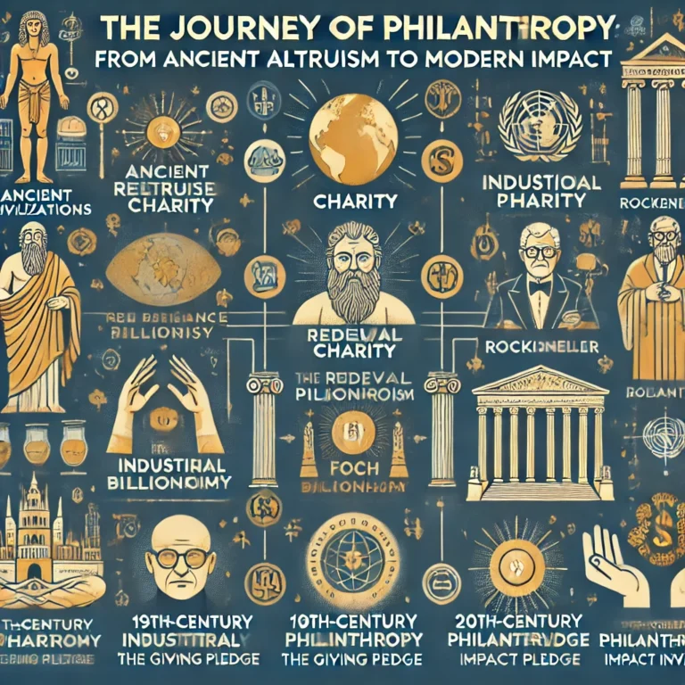 DALL·E 2025-02-23 08.52.49 - An informative and visually appealing infographic titled 'The Journey of Philanthropy_ From Ancient Altruism to Modern Impact.' The design should illu