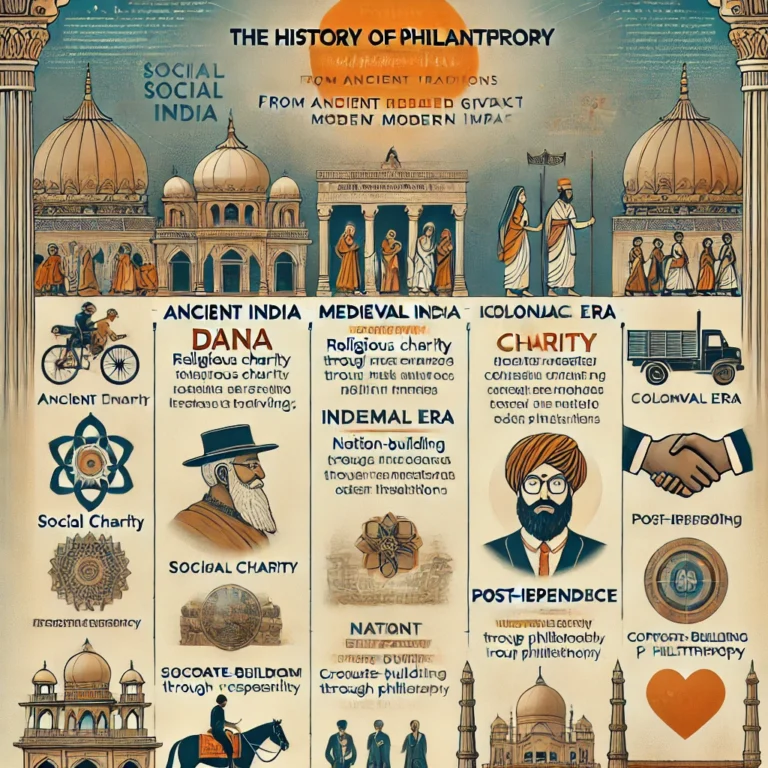 DALL·E 2025-02-23 21.36.16 - An informative and visually appealing infographic illustrating 'The History of Philanthropy in India_ From Ancient Traditions to Modern Impact'. The d