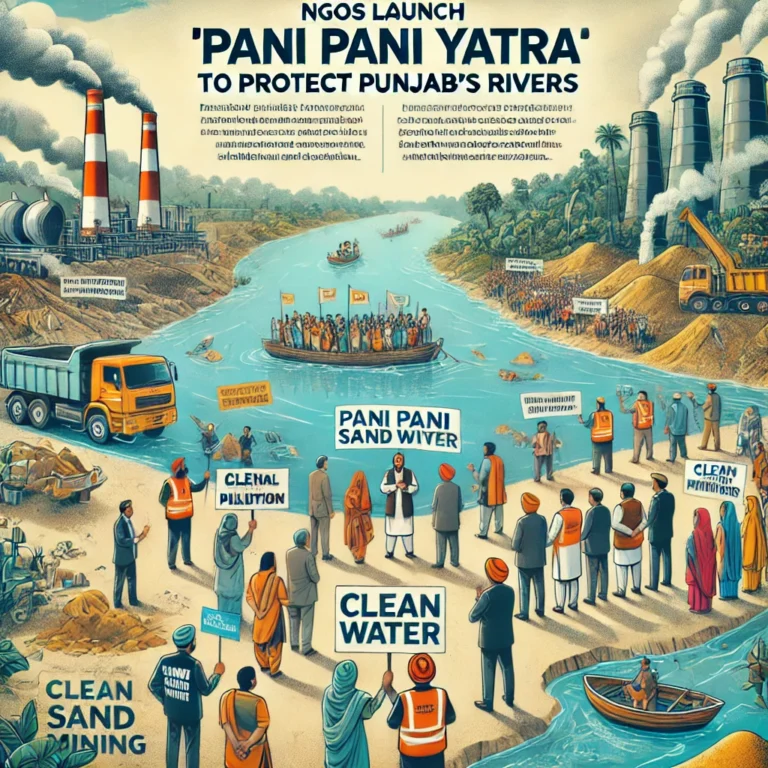DALL·E 2025-02-24 07.36.34 - A visually engaging infographic titled 'NGOs Launch ‘Pani Pani Yatra’ to Protect Punjab’s Rivers'. The image showcases environmental activists and loc