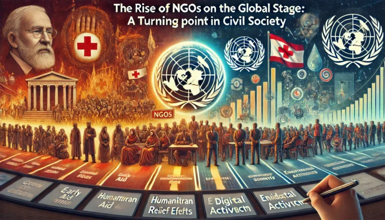 DALL·E 2025-02-26 21.20.18 - A powerful digital illustration showcasing the rise of NGOs on the global stage. The image features a timeline-like progression from early humanitaria
