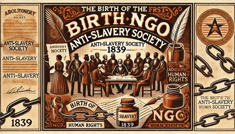 DALL·E 2025-02-26 21.22.53 - A historical-themed digital graphic in a rectangular format showcasing 'The Birth of the First NGO_ Anti-Slavery Society, 1839'. The design features a