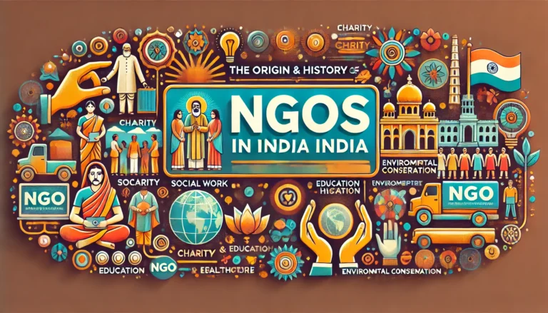 DALL·E 2025-02-26 21.40.31 - A visually compelling digital graphic in a rectangular shape with the title 'The Origin and History of NGOs in India'. The design should incorporate a