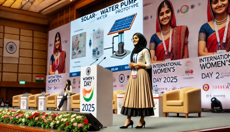 DALL·E 2025-03-06 13.19.57 - A young Indian woman in her early twenties, wearing a professional yet modest outfit, presenting a solar-powered water pump prototype at a technology