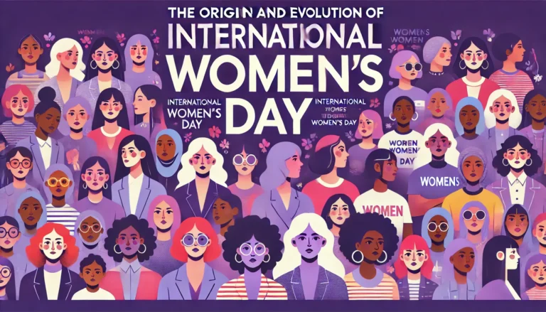 DALL·E 2025-03-06 13.45.06 - A rectangular graphic design with a solid purple background. In the center, bold white text reads 'The Origin and Evolution of International Women’s D