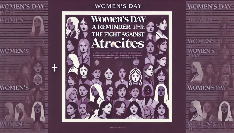 DALL·E 2025-03-06 13.52.21 - A rectangular graphic design with a solid purple background. Centered in the image is the text 'Women’s Day_ A Reminder of the Fight Against Atrocitie