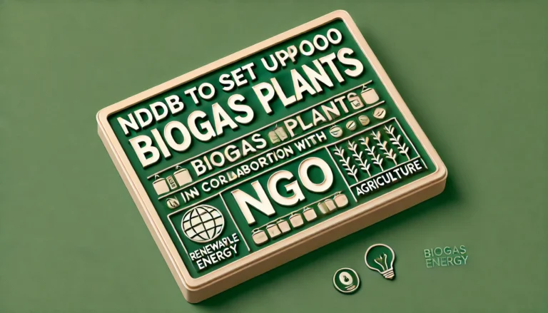 DALL·E 2025-03-07 18.12.56 - A rectangular graphic design with a solid green background representing sustainability. The text 'NDDB to Set Up 10,000 Biogas Plants in Collaboration
