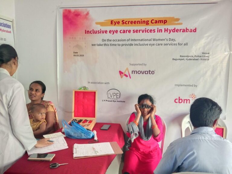 Healthcare personnel and participants of CBM India's free eye screening camp on International Women's Day