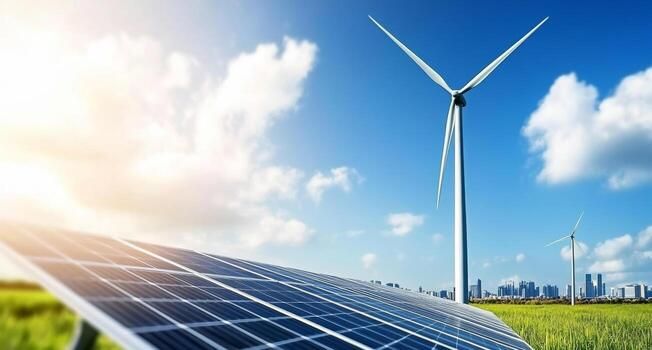 wind-turbines-stand-tall-alongside-solar-panels-in-an-open-field-harnessing-renewable-energy-the-bright-sun-shines-down-on-the-modern-skyline-in-the-distance-promoting-sustainable-practices-photo